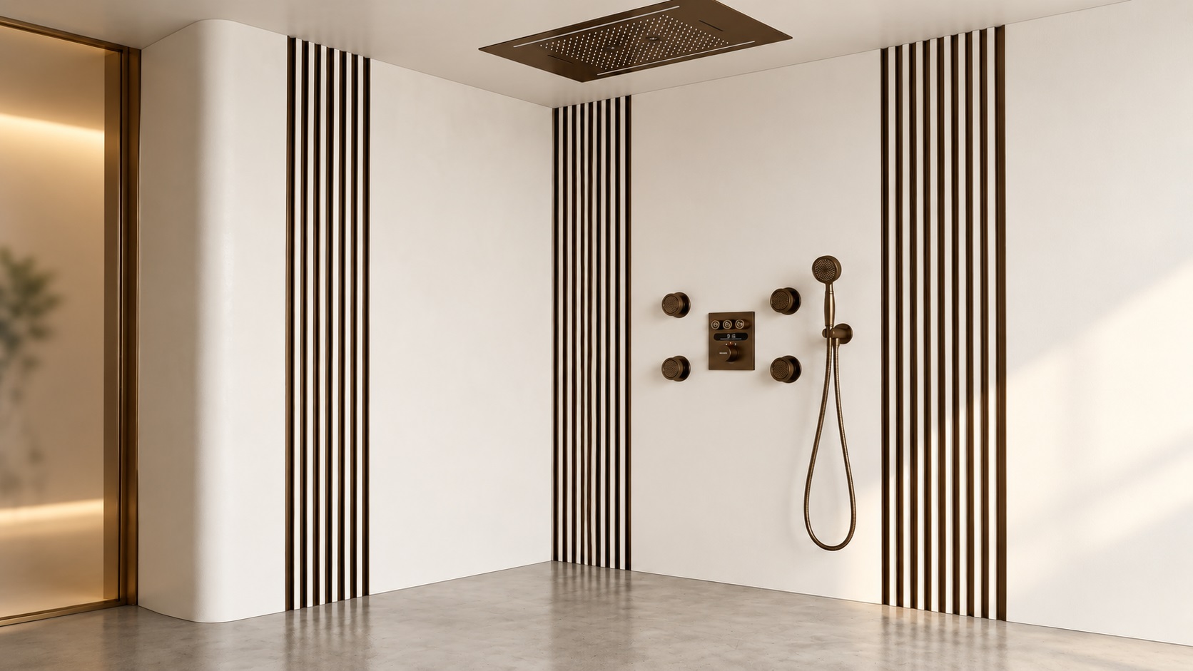 Bronze ceiling rain shower panel with four body jets for spa and wellness bathrooms