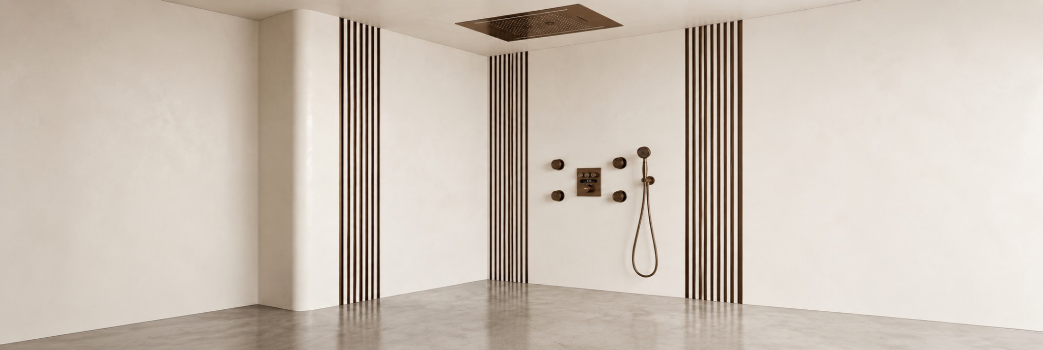 Matte black ceiling rainfall shower system with four round body jets