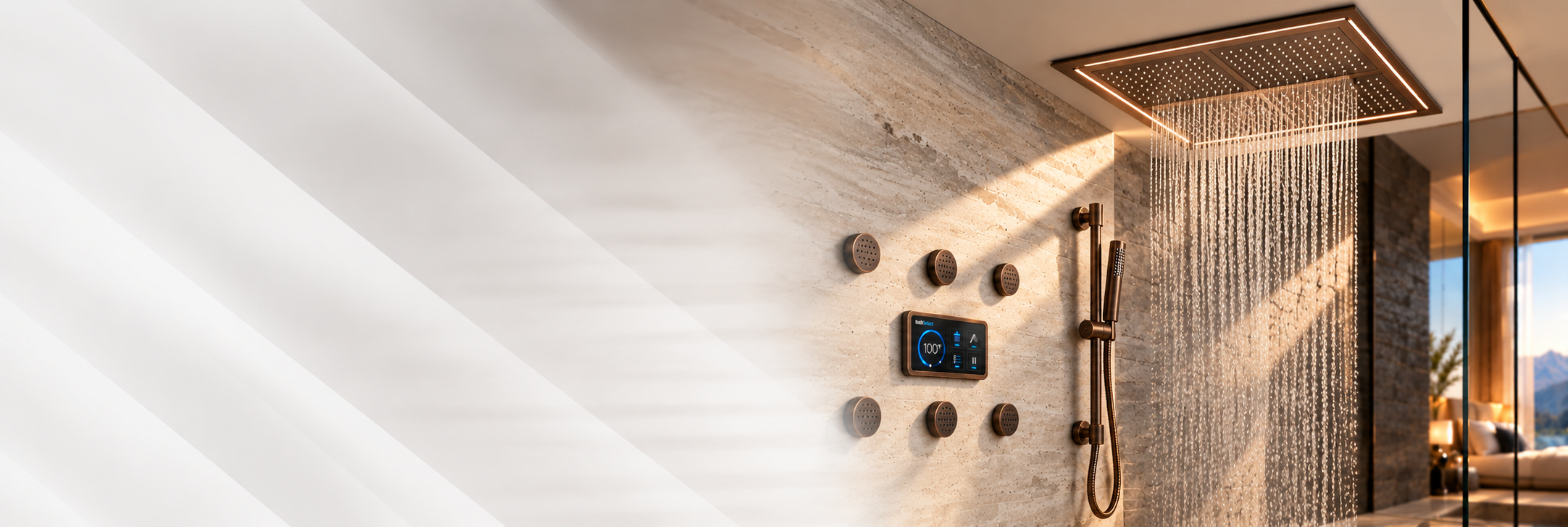 BathSelect oil rubbed bronze digital smart shower system in a travertine luxury bathroom