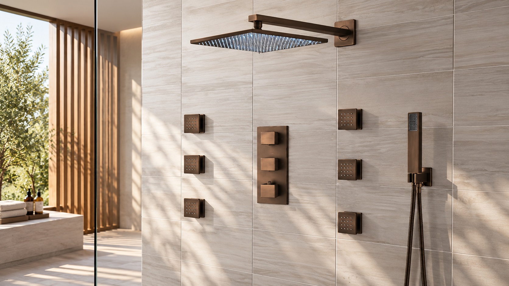 Oil rubbed bronze luxury shower systems for custom residential bathrooms and primary suites