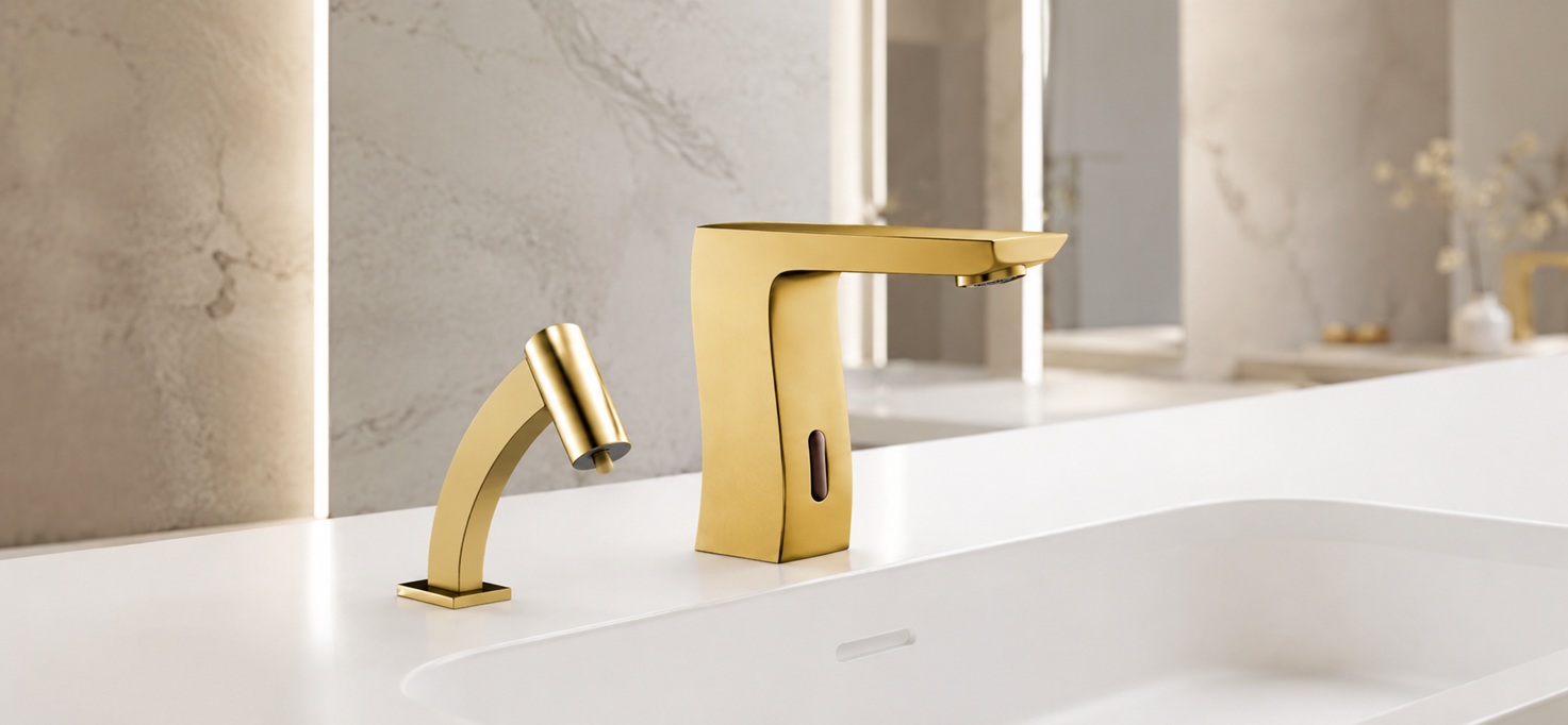 Brushed gold modern faucet with curved side handle on a white integrated sink, set against a softly blurred marble bathroom vanity backdrop