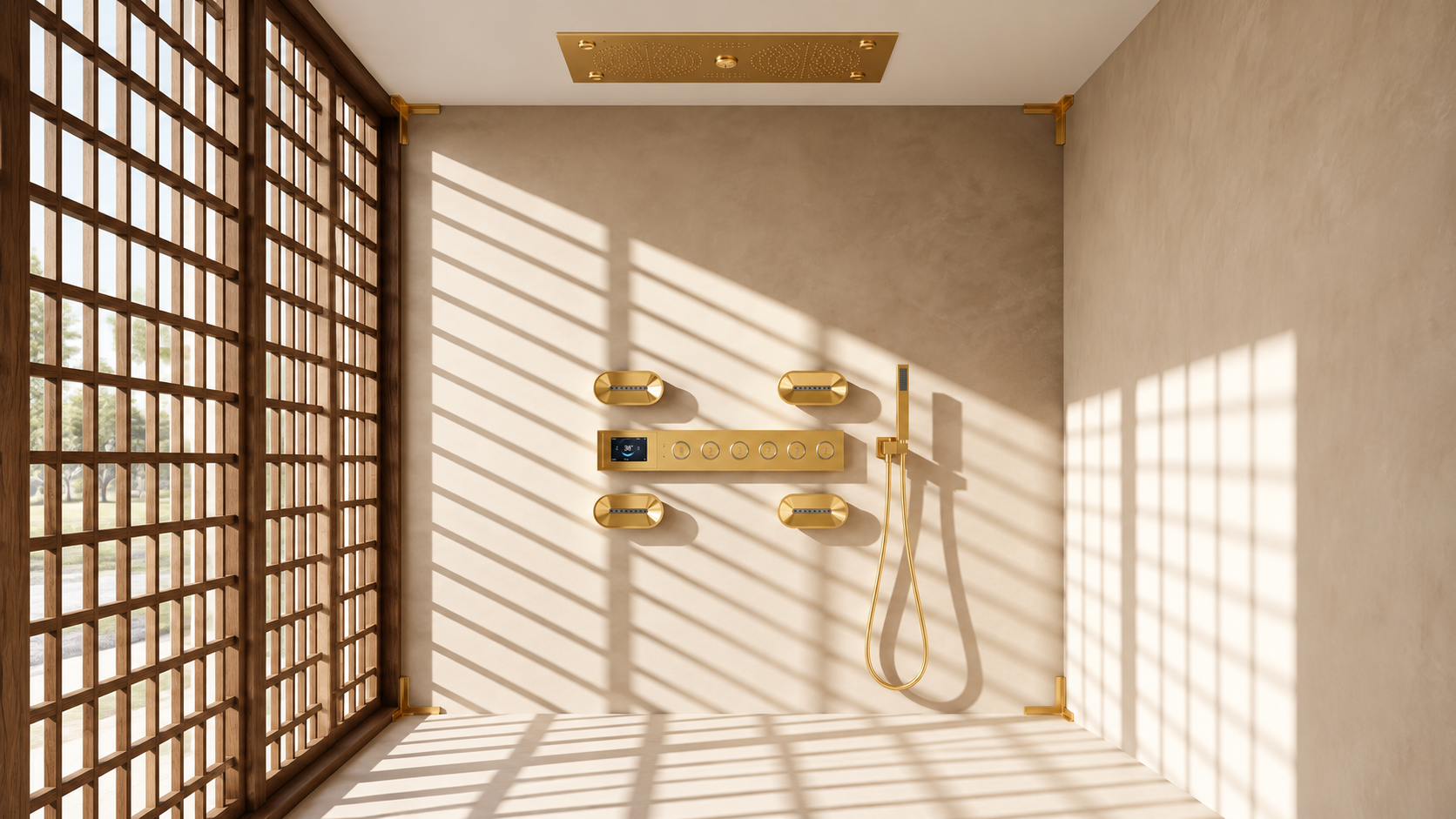 BathSelect Gildora brushed gold rainfall shower with smart thermostatic valve for luxury residential bathrooms