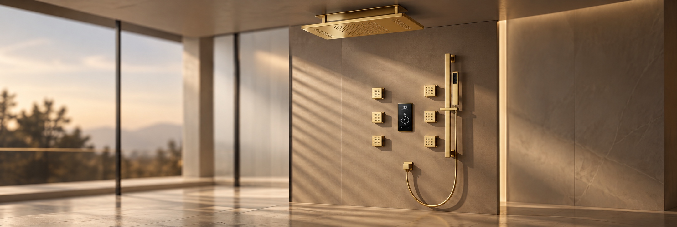 BathSelect Velora brushed gold ceiling rainfall shower system with six body massage jets