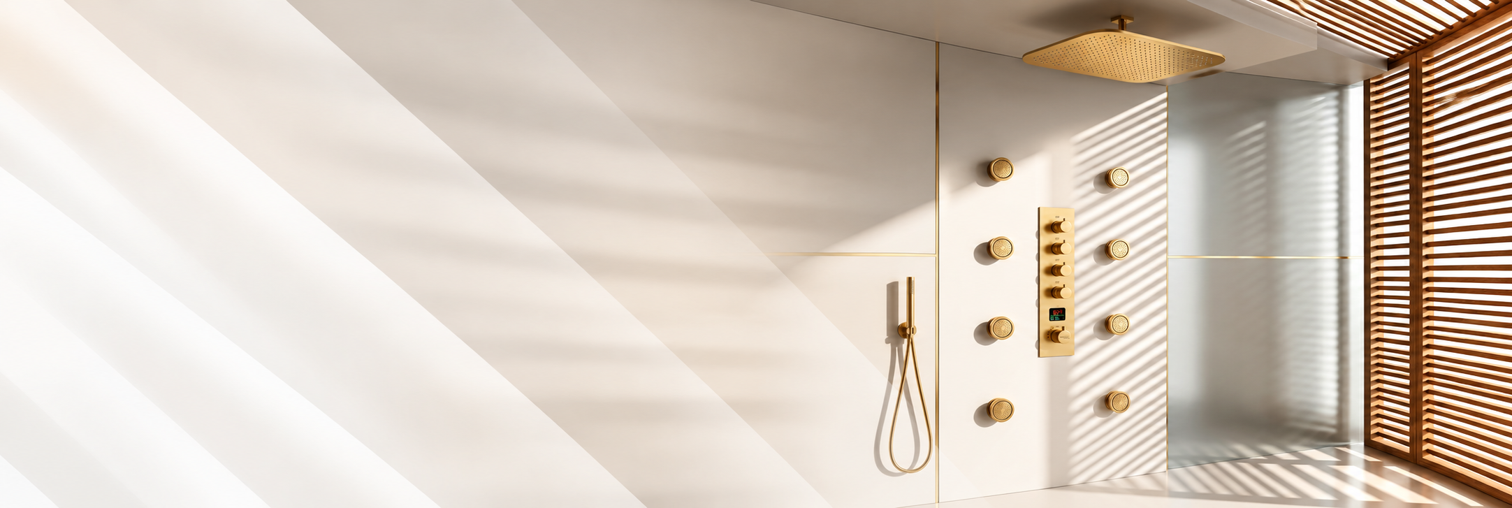 BathSelect brushed gold rounded square rainfall shower system with eight round body jets and digital control