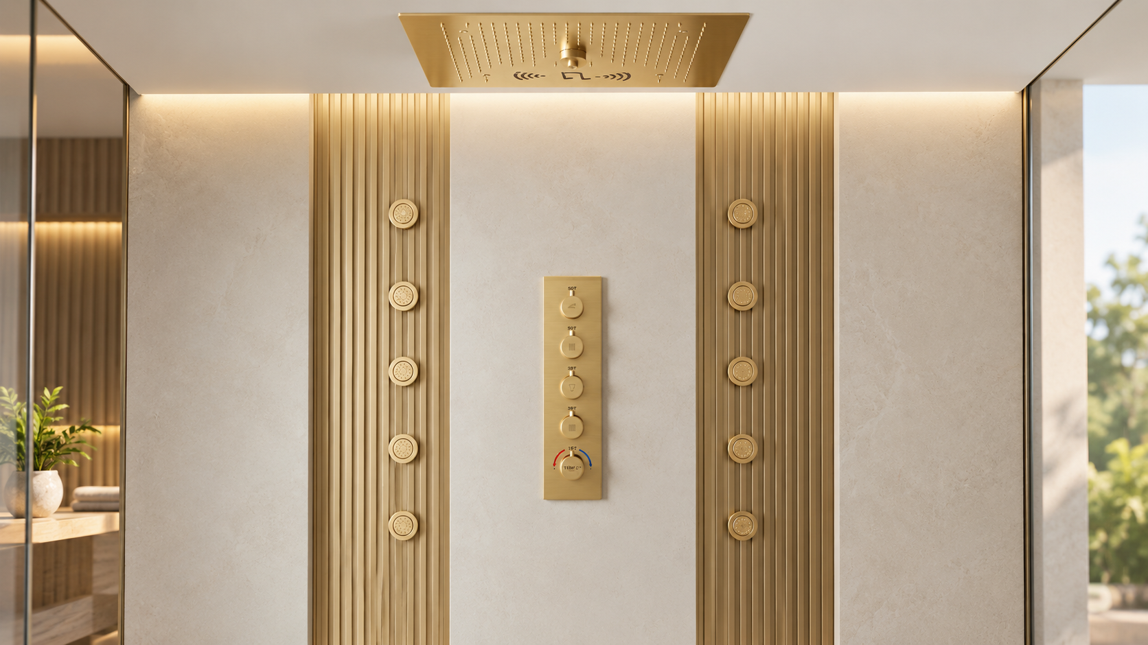BathSelect Heliora gold ceiling rain shower with ten round body jets for spa and wellness bathrooms