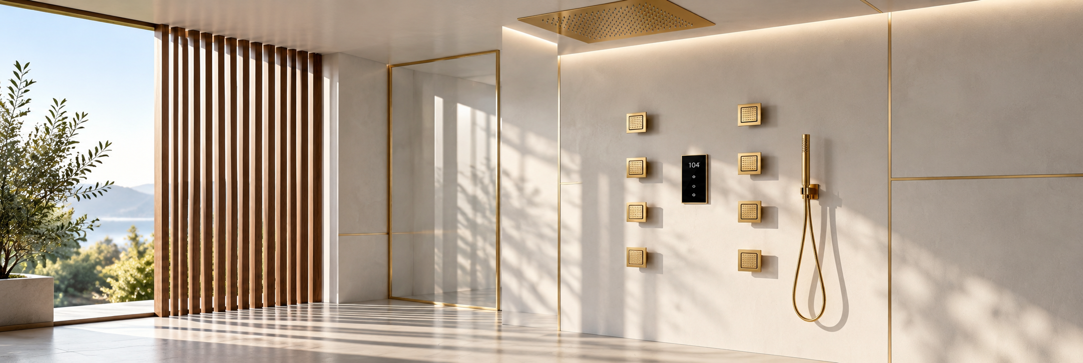 BathSelect brushed gold multifunctional rainfall shower system with square body jets and handheld sprayer
