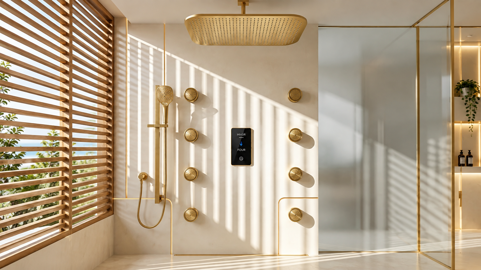 BathSelect brushed gold rounded rectangle ceiling rainfall shower system with eight round body jets and handheld sprayer