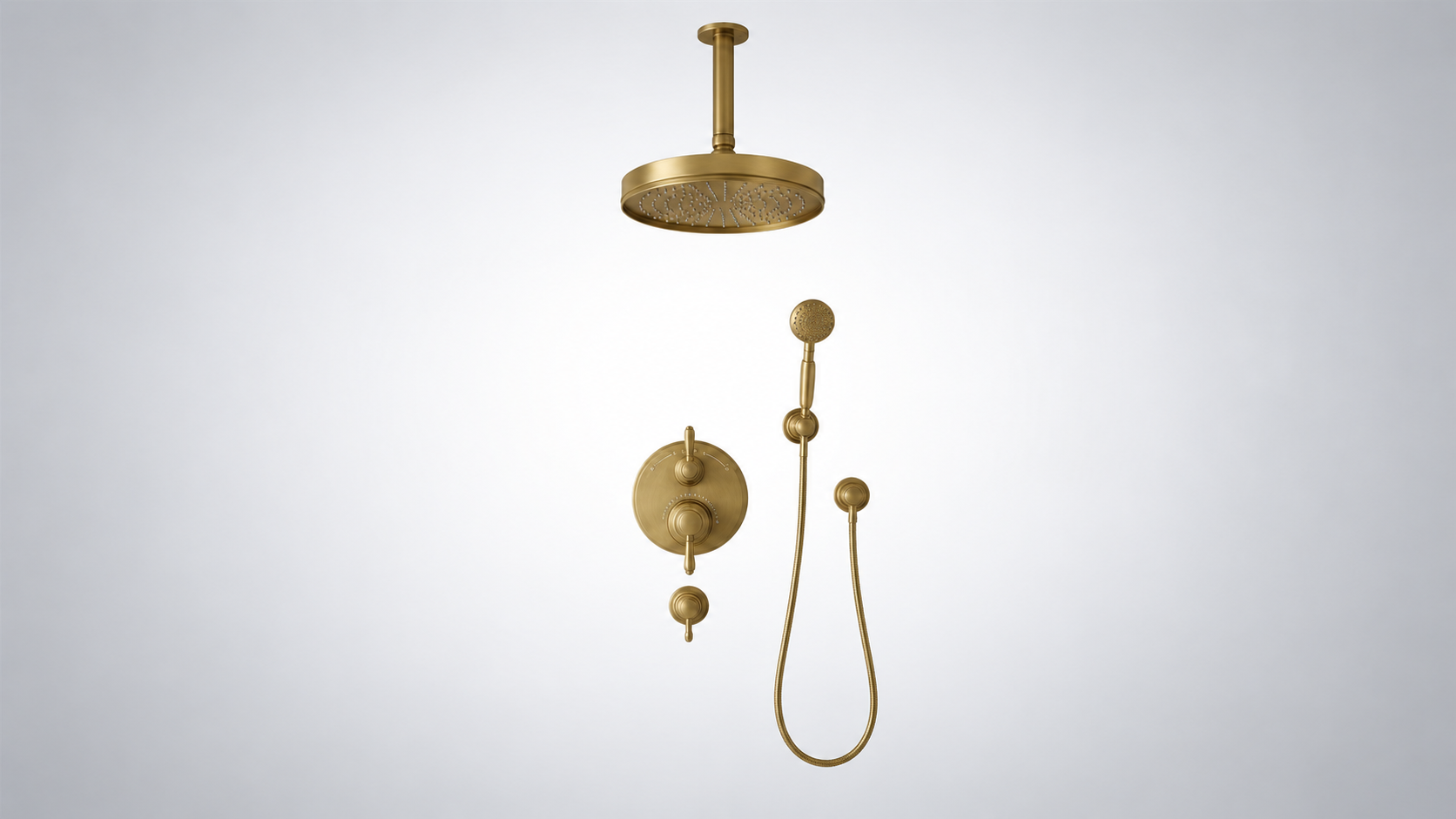 BathSelect Prestige brushed gold ceiling mounted rainfall shower set with handheld shower for luxury residential bathrooms