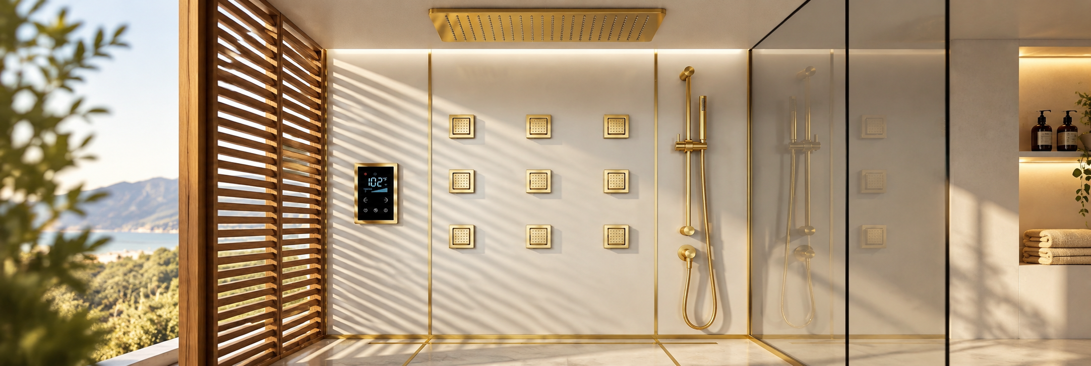 BathSelect Himmel brushed gold thermostatic multifunctional shower panel with digital temperature display