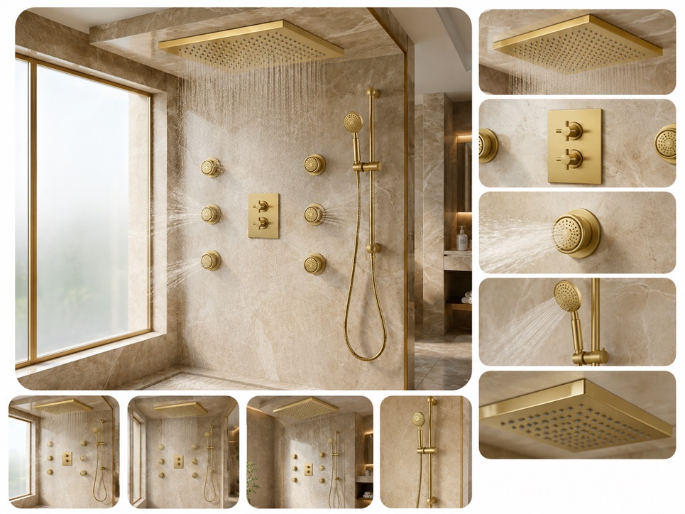 BathSelectVerto brushed gold thermostatic rainfall shower system with body jets and handheld shower