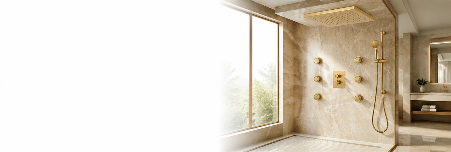 BathSelectVerto brushed gold thermostatic ceiling rainfall shower system with six body jets and hand shower