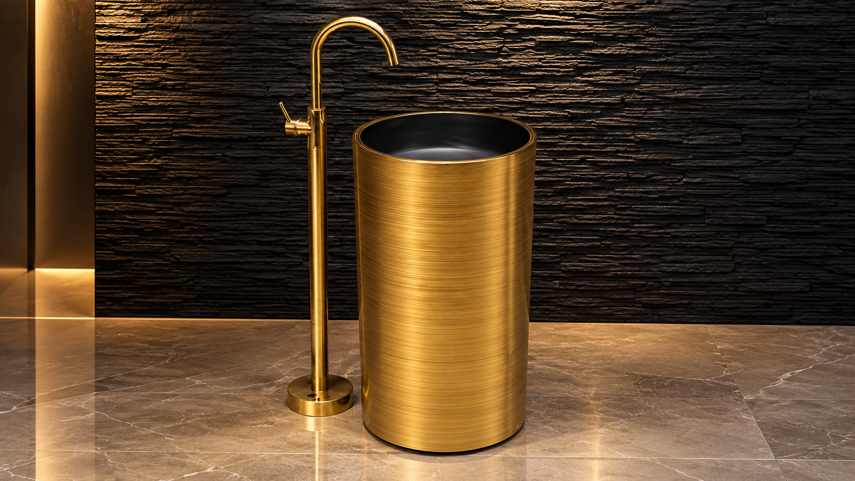 Ohio cylindrical ceramic freestanding pedestal sink with gold faucet for a luxury residential bathroom