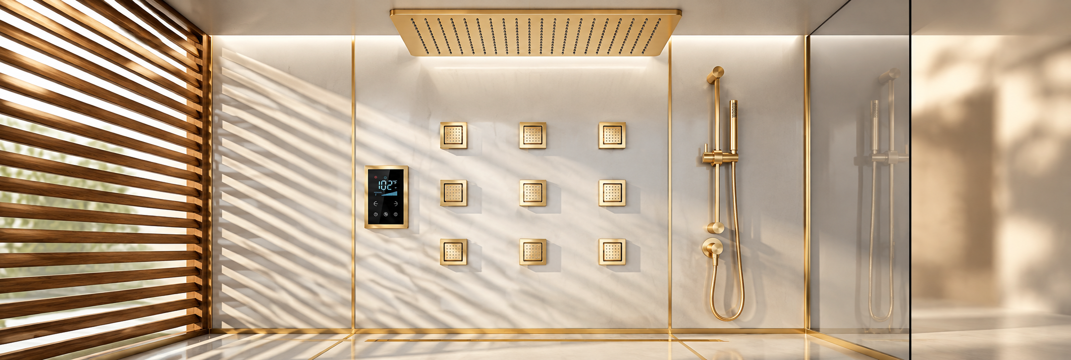 BathSelect brushed gold ceiling rainfall shower system with nine square body jets and slide-bar handheld shower