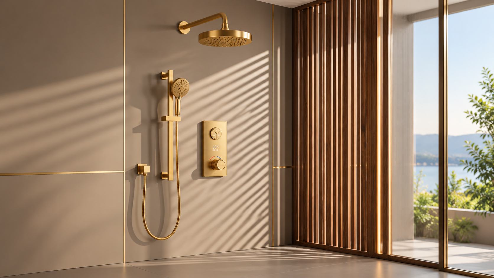 BathSelect Gildora brushed gold round rainfall shower with smart thermostatic valve for hospitality bathrooms