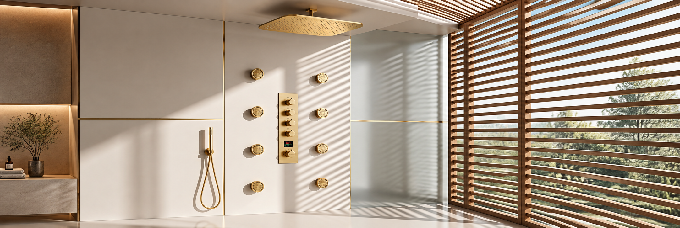 BathSelect brushed gold rectangular ceiling rainfall shower system with four body sprays and handheld sprayer