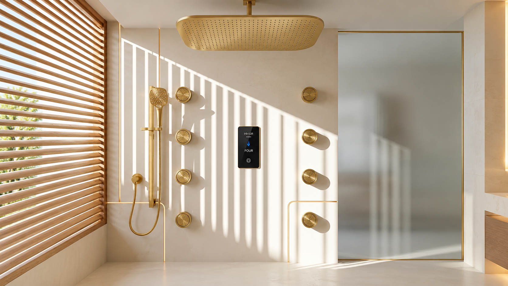 BathSelect brushed gold suspended square rainfall shower system with eight round body jets and handheld sprayer