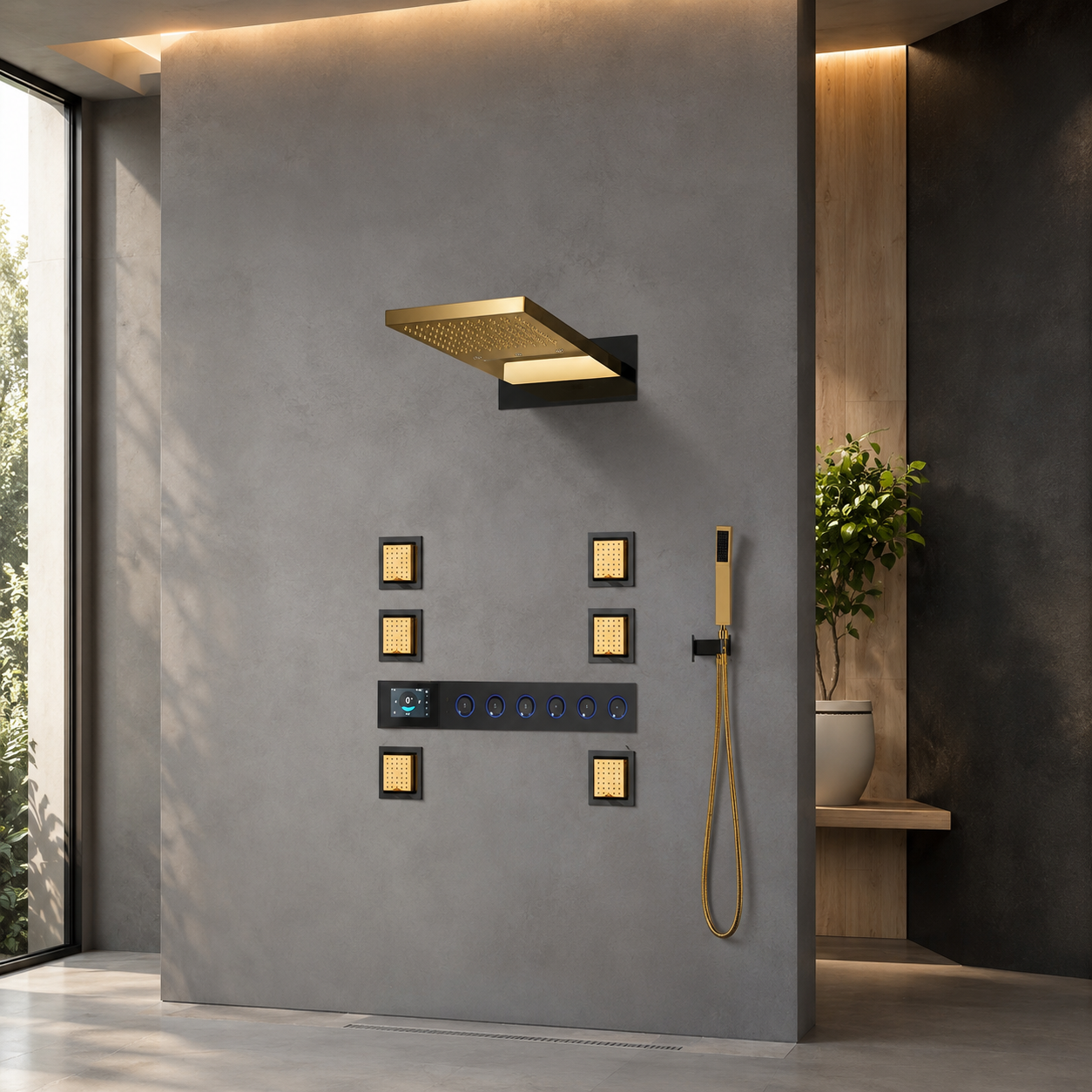BathSelect Arucas Gold and Matte Black LED Thermostatic Digital Shower Set with Rainfall and Waterfall Functions