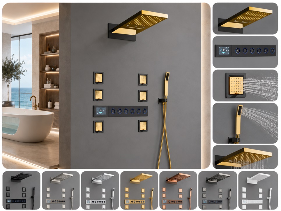 BathSelect Arucas gold and matte black thermostatic digital rainfall waterfall shower system