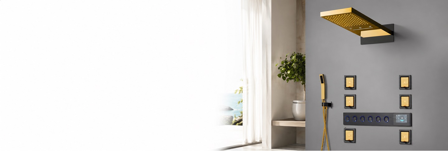 BathSelect Arucas gold and matte black LED thermostatic digital shower set with rainfall waterfall WiFi and Bluetooth controls