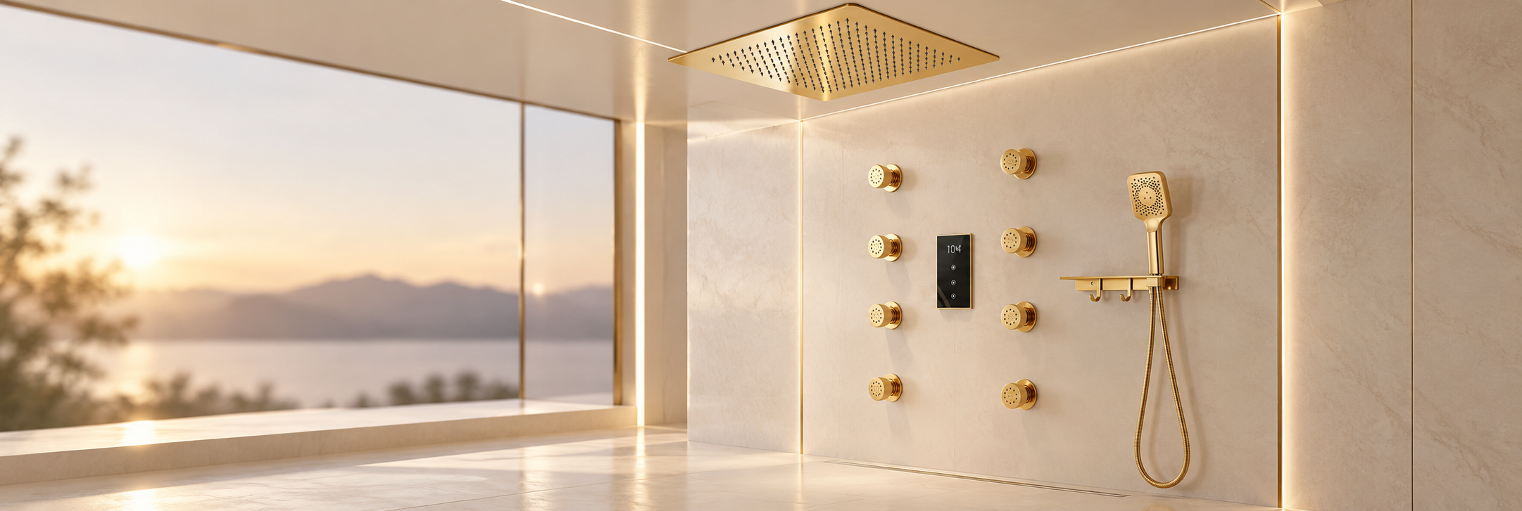 BathSelect brushed gold multifunction ceiling rainfall shower system with body jets and handheld sprayer