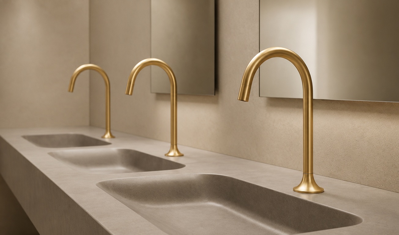Brushed gold gooseneck faucets installed on a modern commercial bathroom vanity with integrated sinks and a clean subtle background
