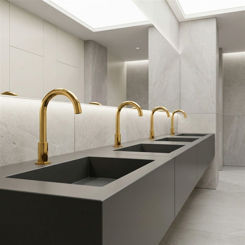 Technical submittal package for commercial sensor faucet showing specification sheet, installation guide, maintenance manual, compliance certificates, and parts diagram