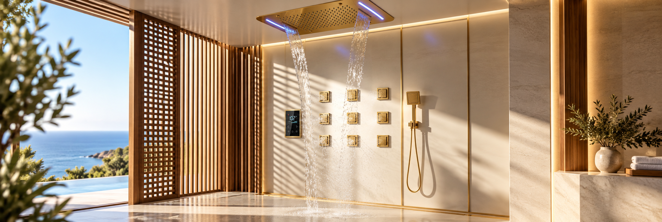 BathSelect brushed gold LED shower systems with rainfall waterfall and illuminated functions