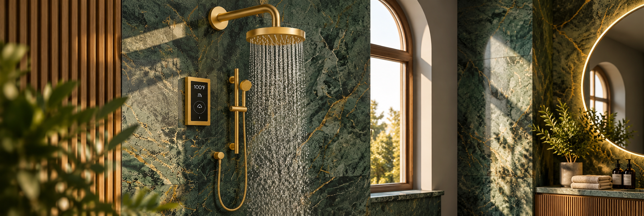 BathSelect brushed gold rectangular rainfall shower head with four square body jets and handheld sprayer