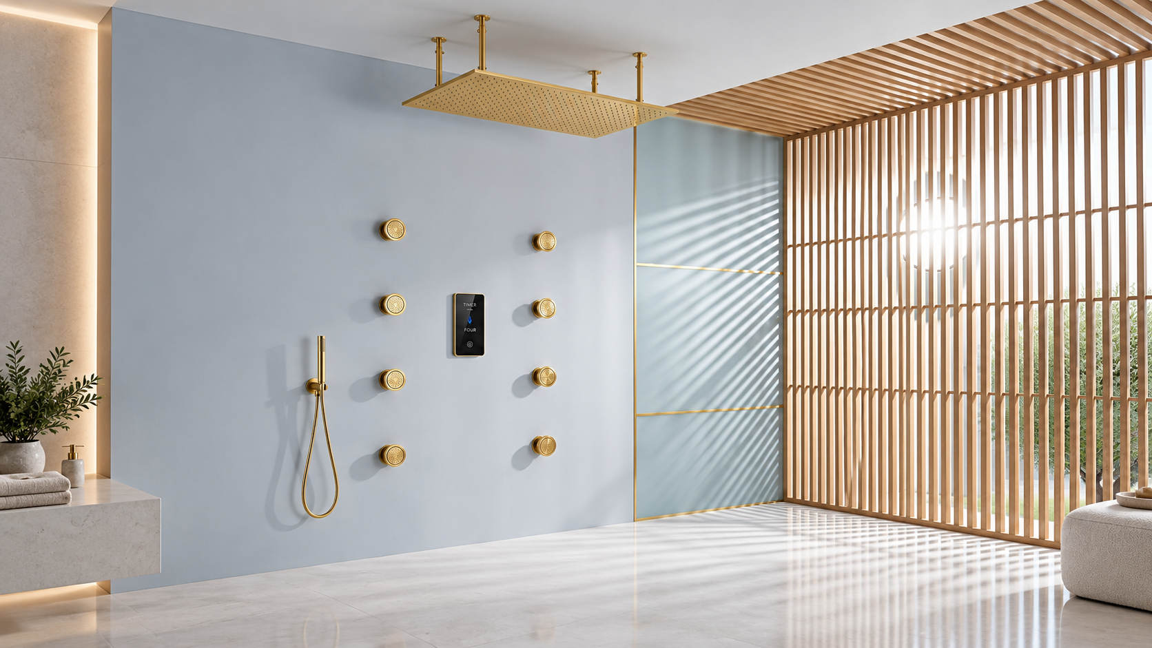 BathSelect brushed gold square ceiling rainfall shower system with six square body jets and digital thermostat