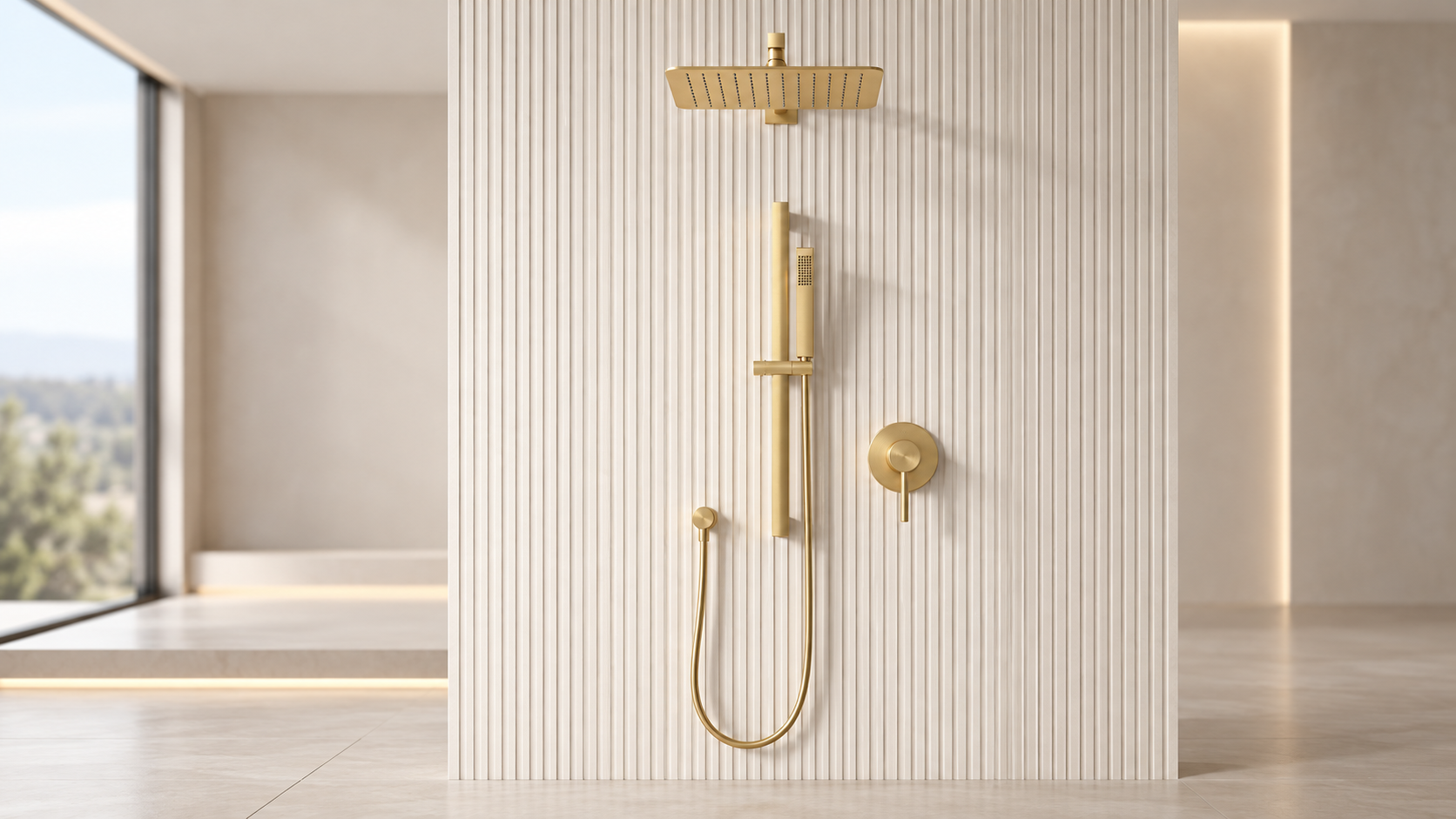BathSelect Solara brushed gold square rainfall shower with slide-bar handheld shower