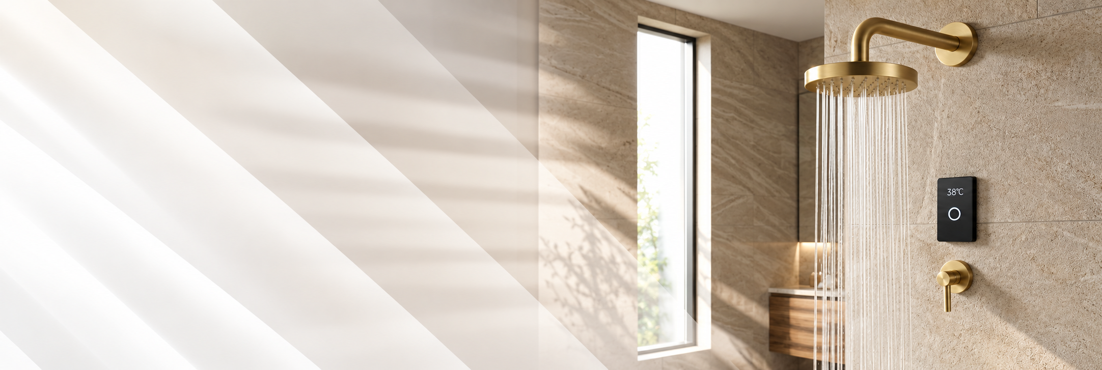 BathSelect Viva brushed gold digital shower set with rainfall shower head and digital temperature control