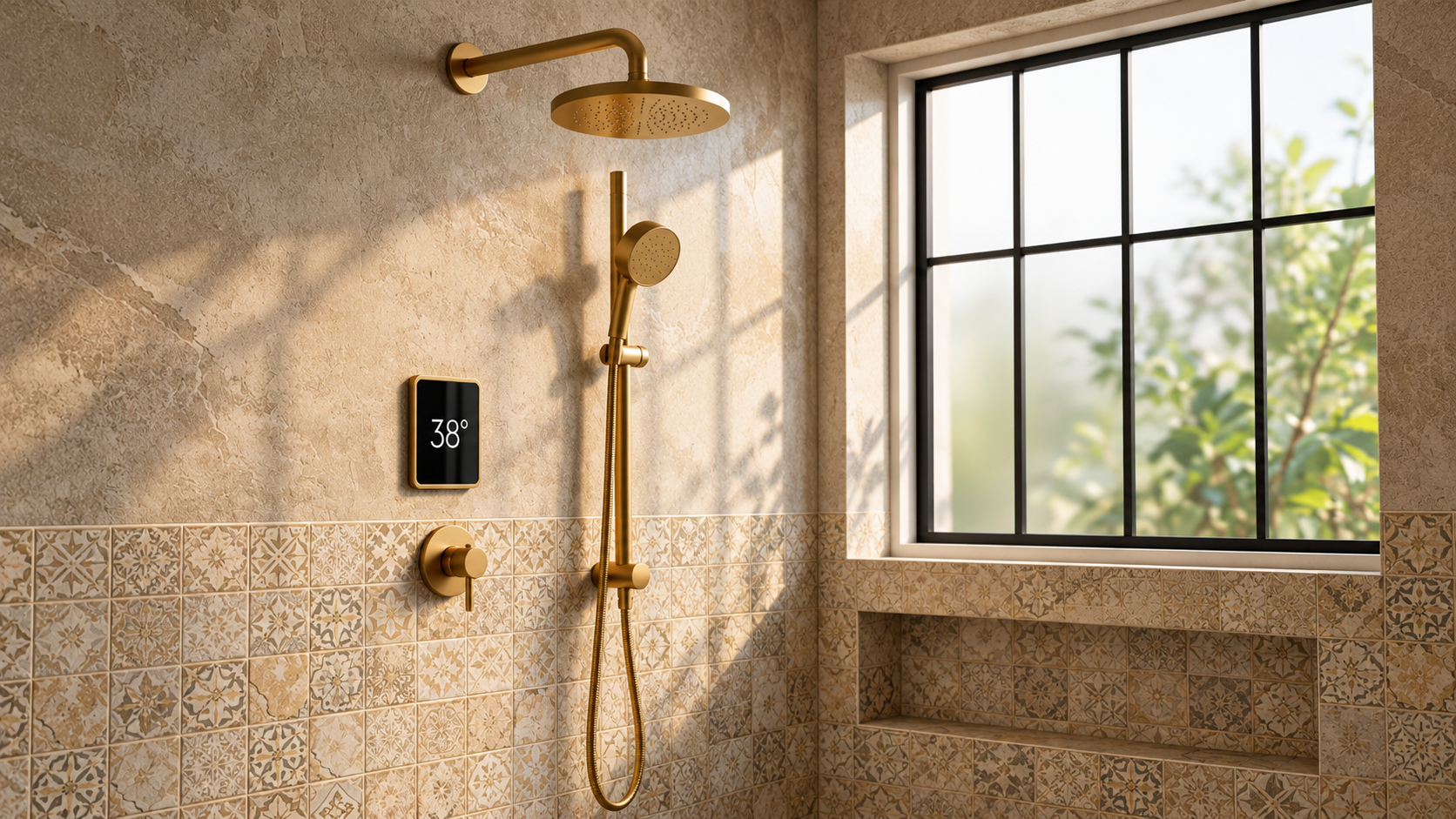 BathSelect AquaVista brushed gold shower set with rainfall shower and handheld for hospitality bathroom projects