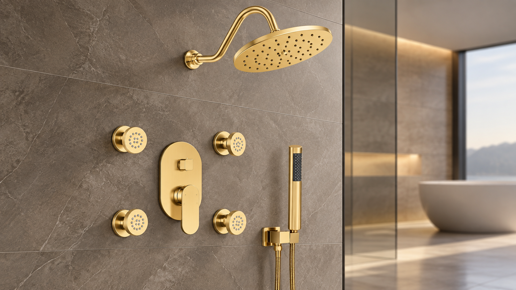 BRAVAT brushed gold wall-mounted rainfall shower system with body jets and handheld shower for hospitality bathrooms