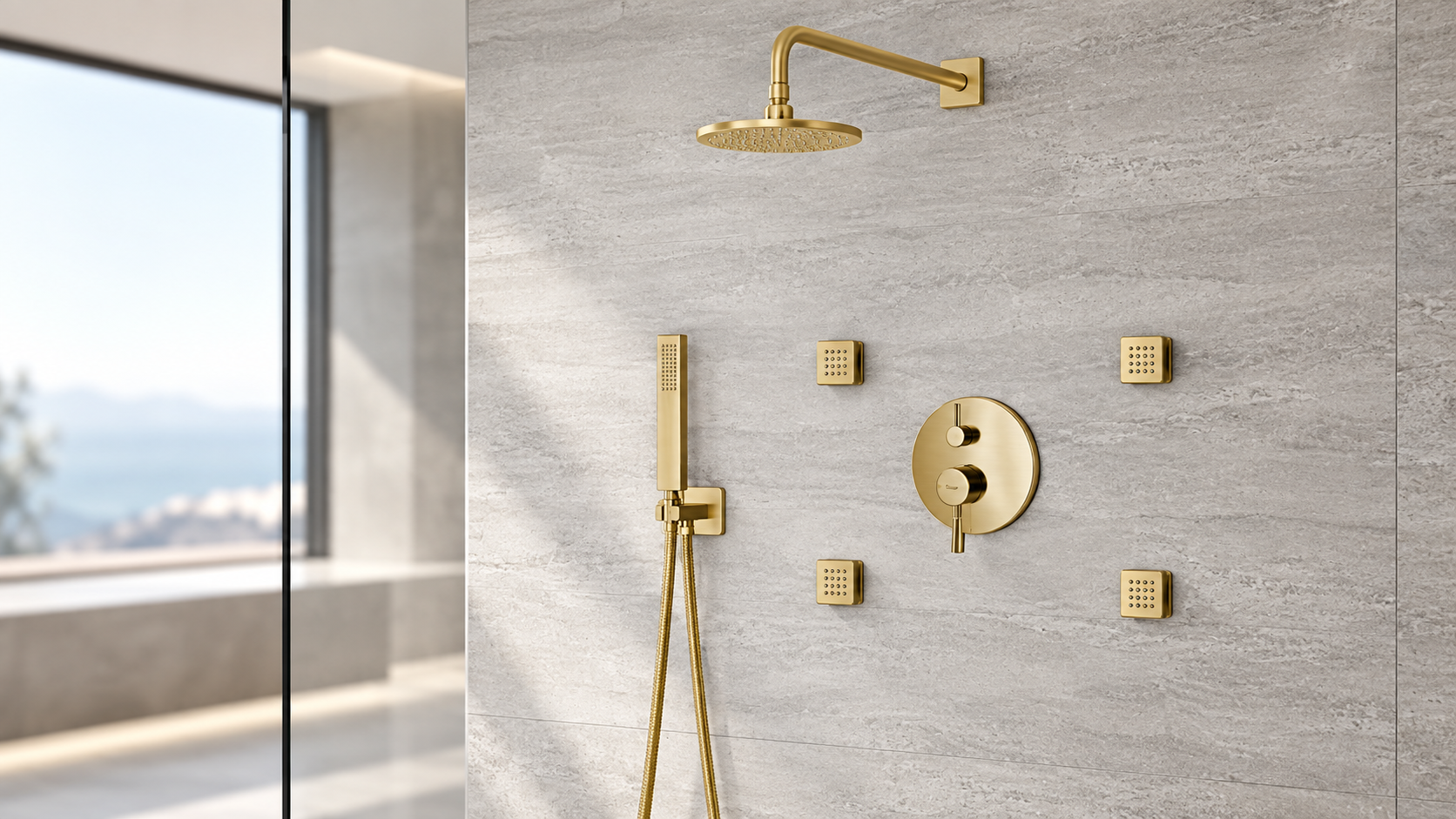 BRAVAT brushed gold wall-mounted shower system with concealed thermostatic controls for architect and developer specifications