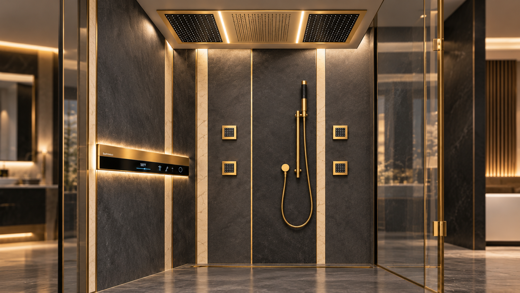BathSelect gold LED ceiling rainfall shower system with body jets for a luxury residential bathroom