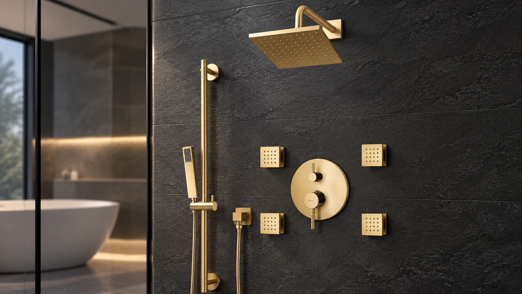 BRAVAT brushed gold rainfall shower system with handheld shower and body jets for luxury residential bathrooms
