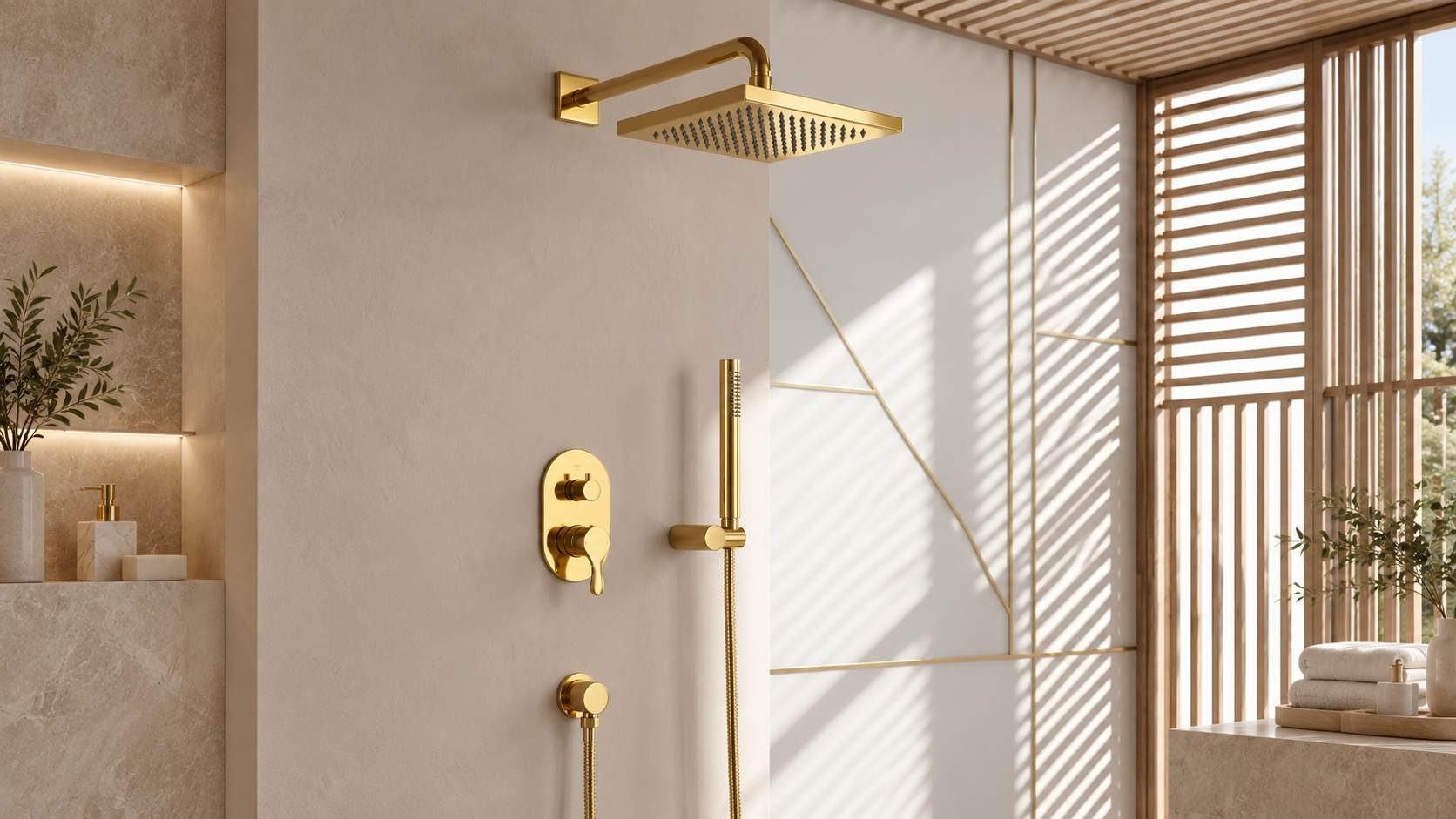 BathSelect brushed gold wall mounted square rainfall shower system with handheld sprayer and thermostatic valve