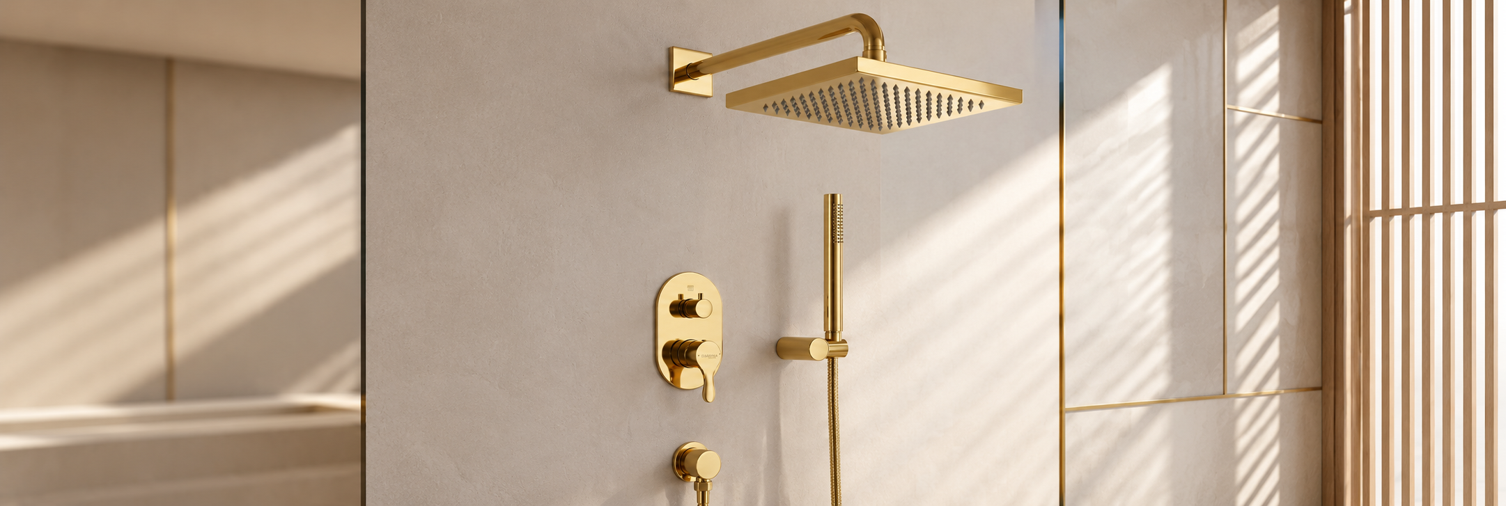 BathSelect brushed gold wall-mounted square rainfall shower head with handheld sprayer and thermostatic valve