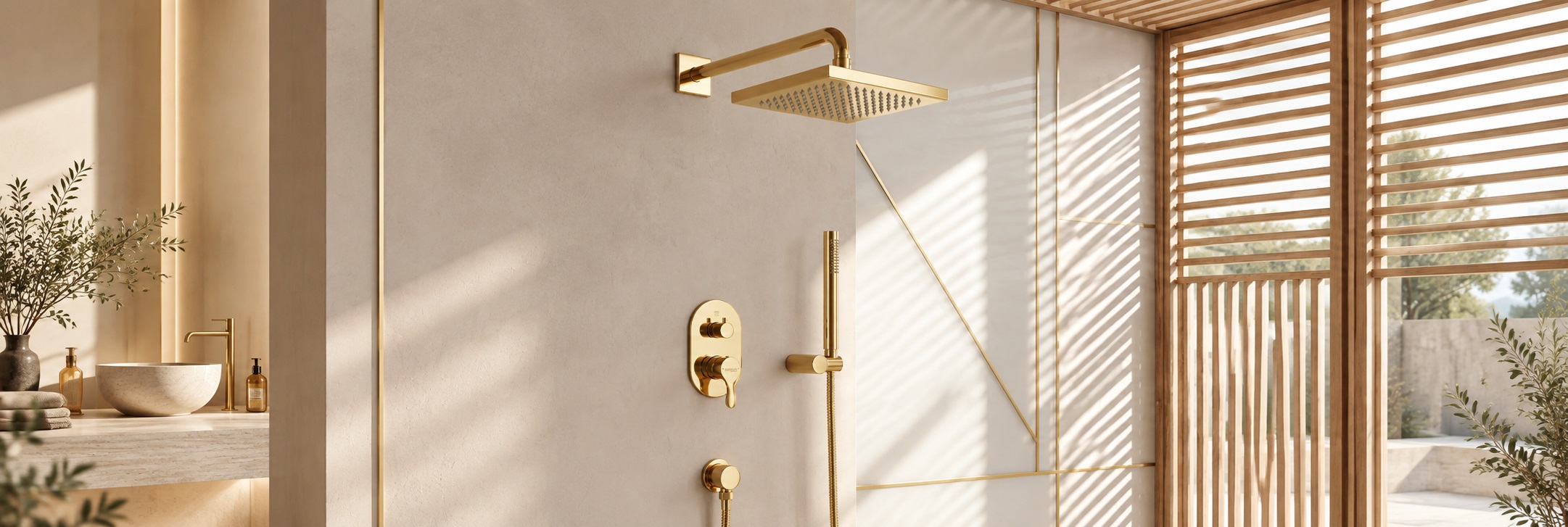 BathSelect Velora brushed gold ceiling rainfall shower with six body jets