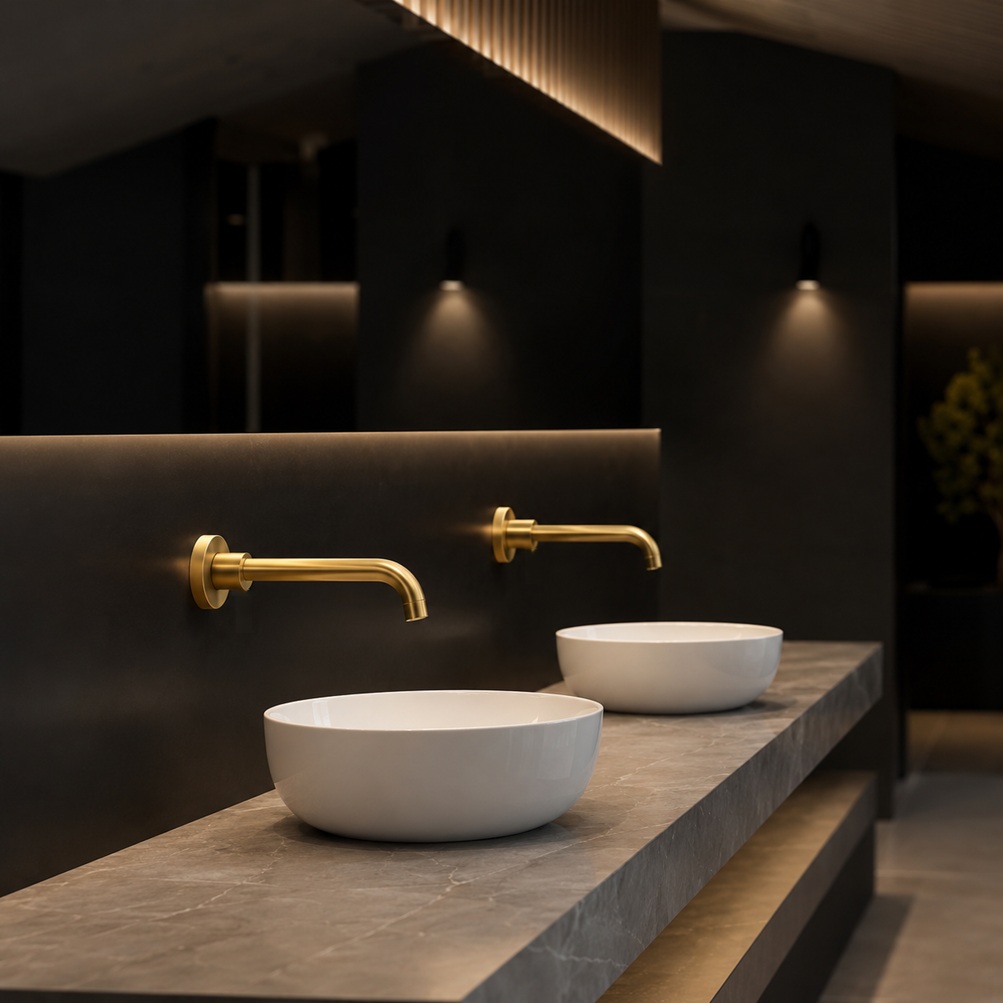 Brushed gold wall-mounted faucets above white vessel sinks in a dark luxury spa bathroom with warm lighting and a stone floating vanity