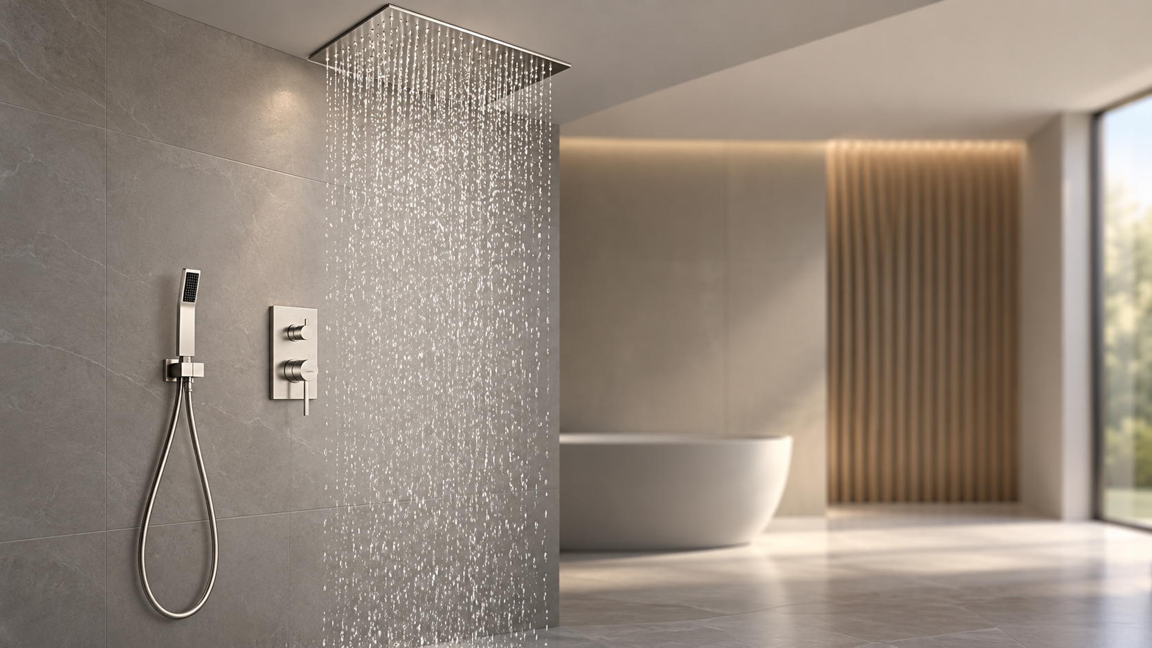 BRAVAT brushed nickel hotel ceiling rainfall shower system with thermostatic valve and handheld shower