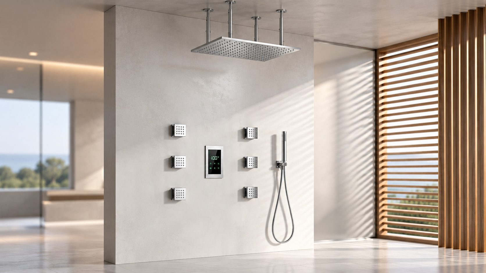 Polished chrome square ceiling rainfall shower with six body massage jets and handheld sprayer for commercial bathrooms