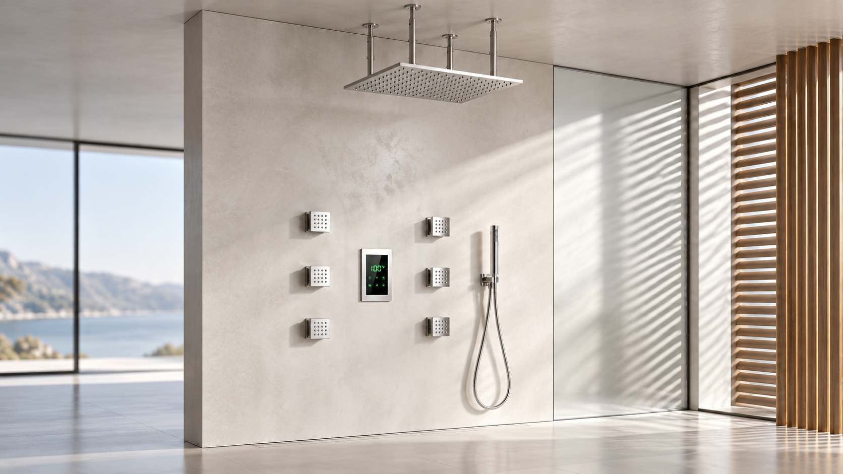 BathSelect polished chrome ceiling-mounted rainfall shower system with six body jets and handheld sprayer for hospitality bathrooms