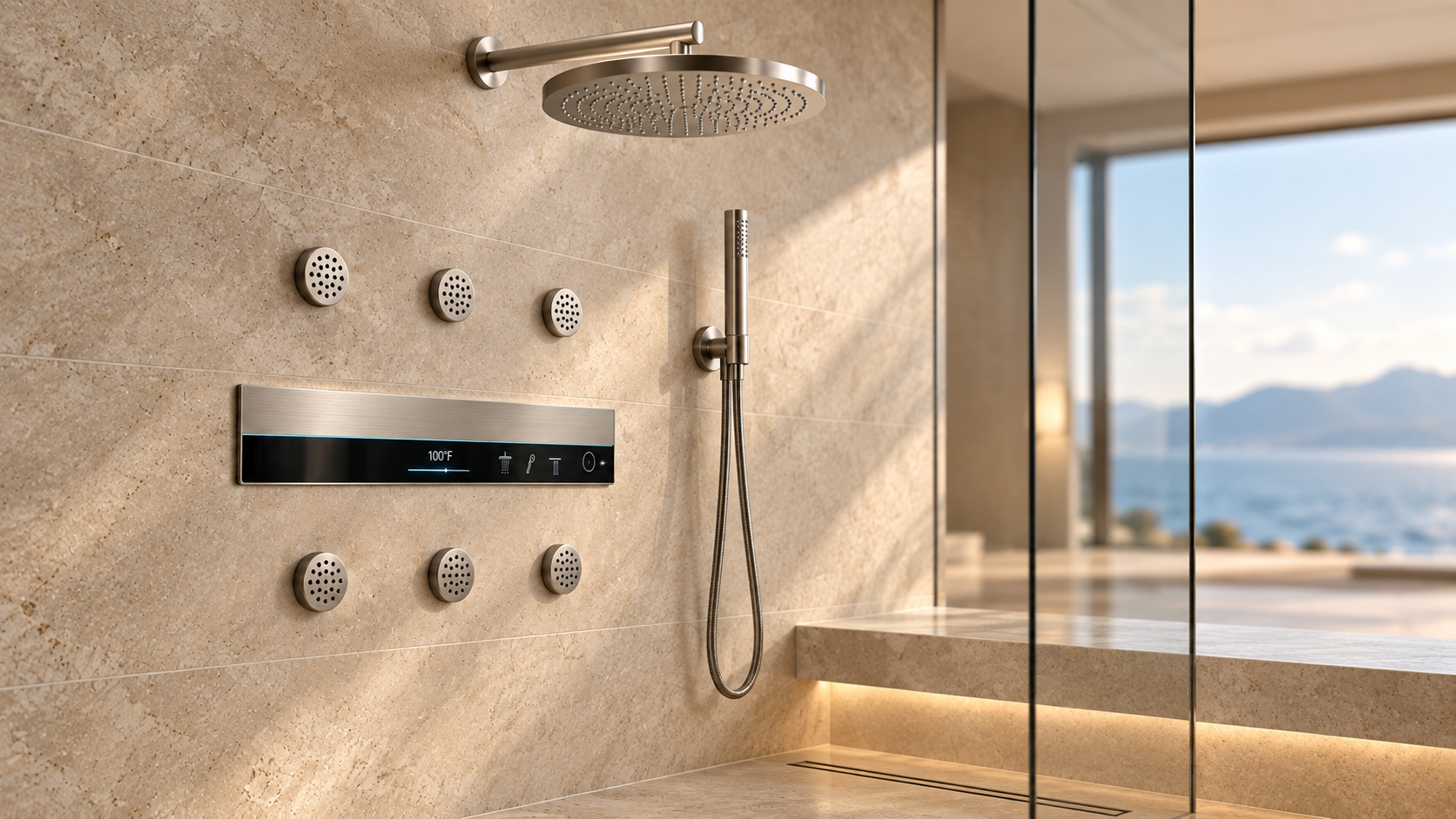 BathSelect brushed nickel wall-arm rain shower with six body jets in a luxury suite
