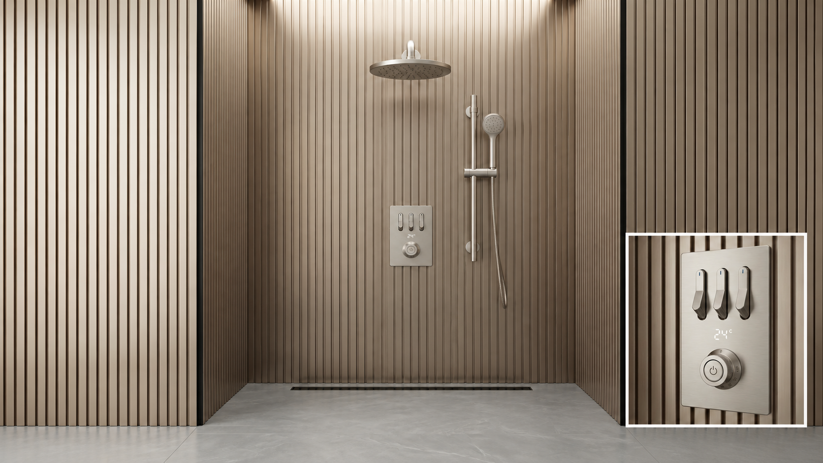 BathSelect Ivora satin nickel smart rainfall shower for spa and wellness bathrooms