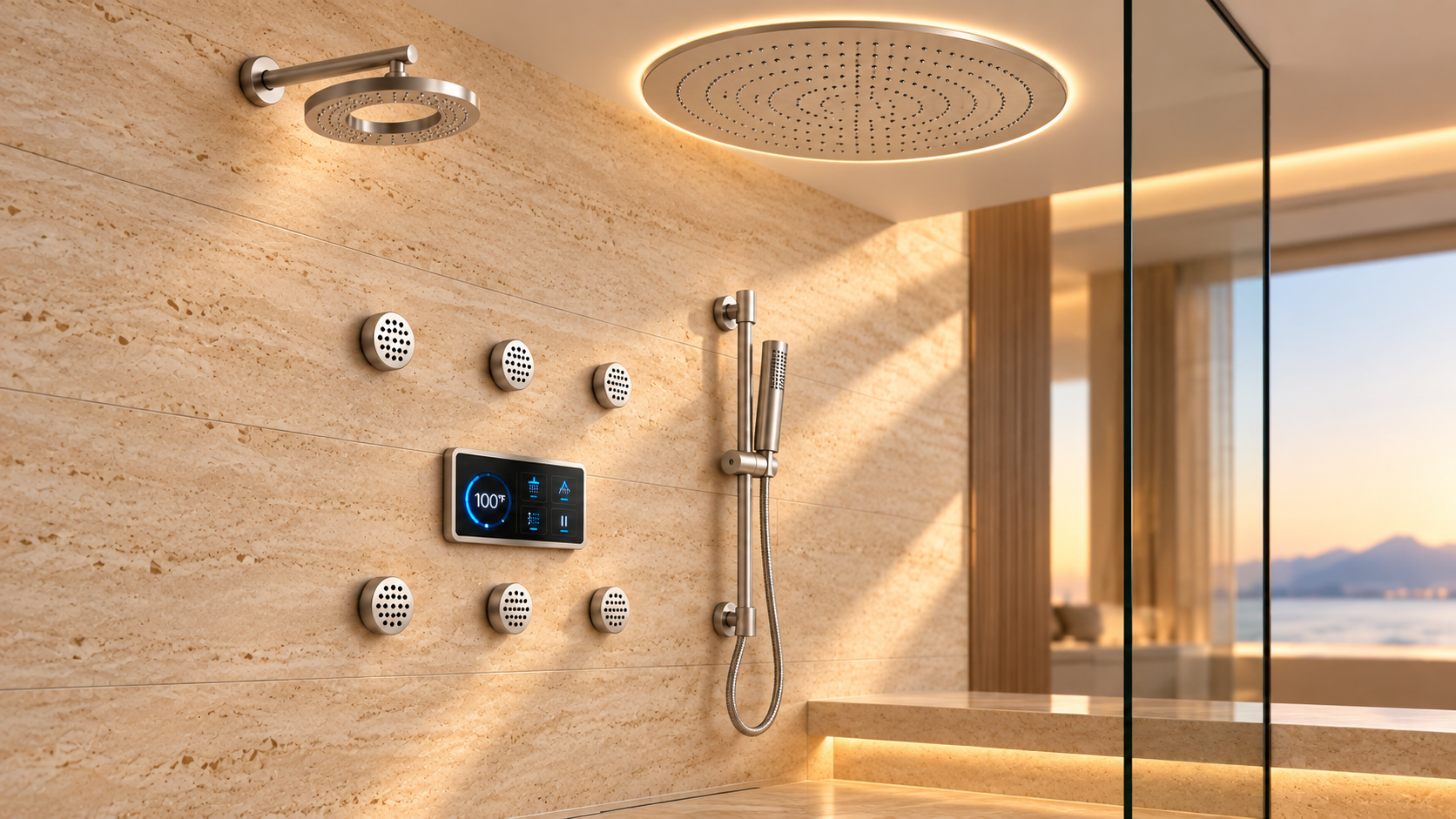 BathSelect brushed nickel round ceiling rainfall shower in a sandstone resort bathroom