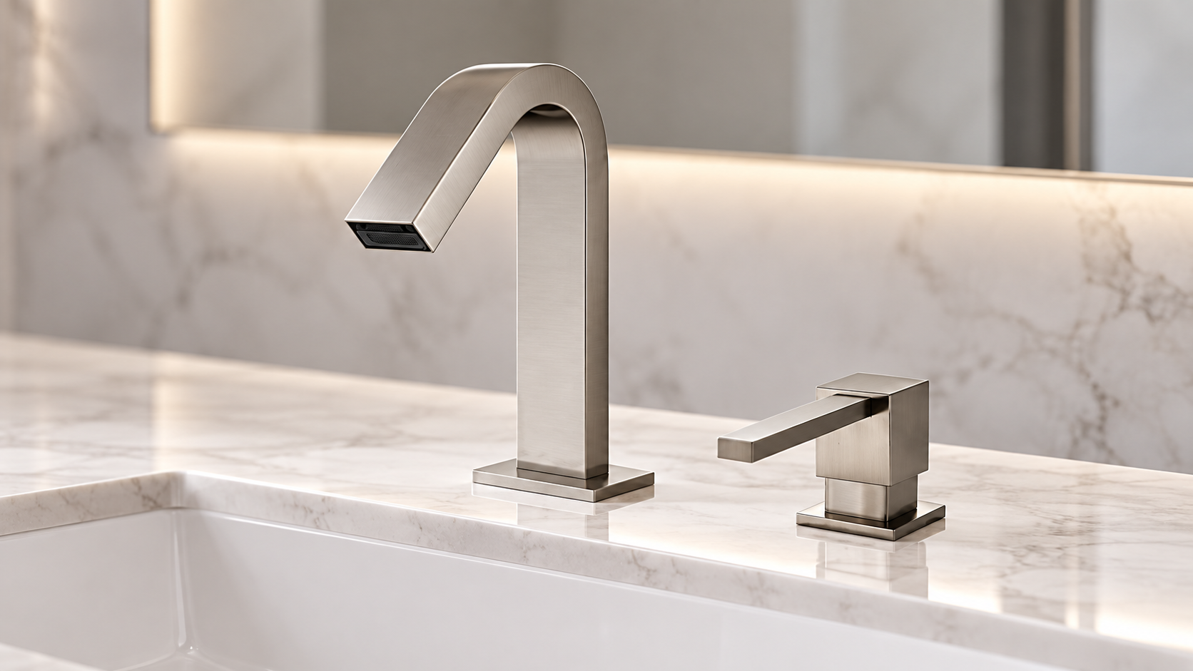 Touchless sensor faucet and manual soap dispenser for commercial public restrooms