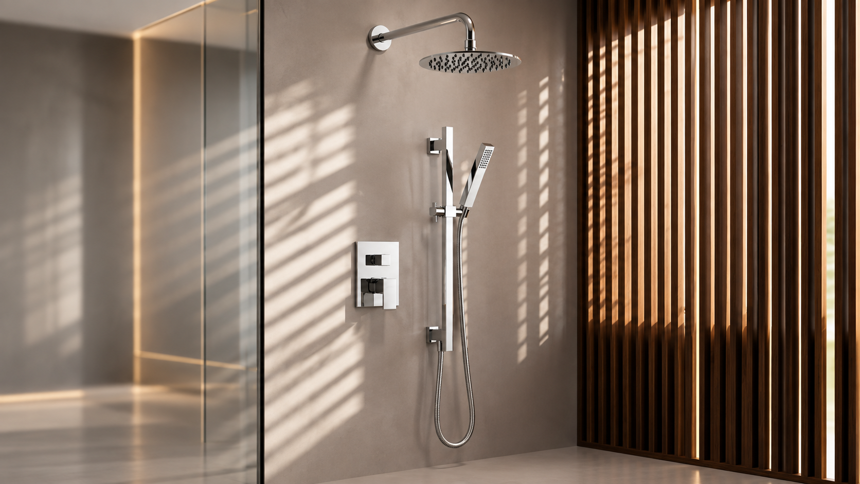 BathSelect Luna chrome round rainfall shower with square handheld wand for luxury residential bathrooms