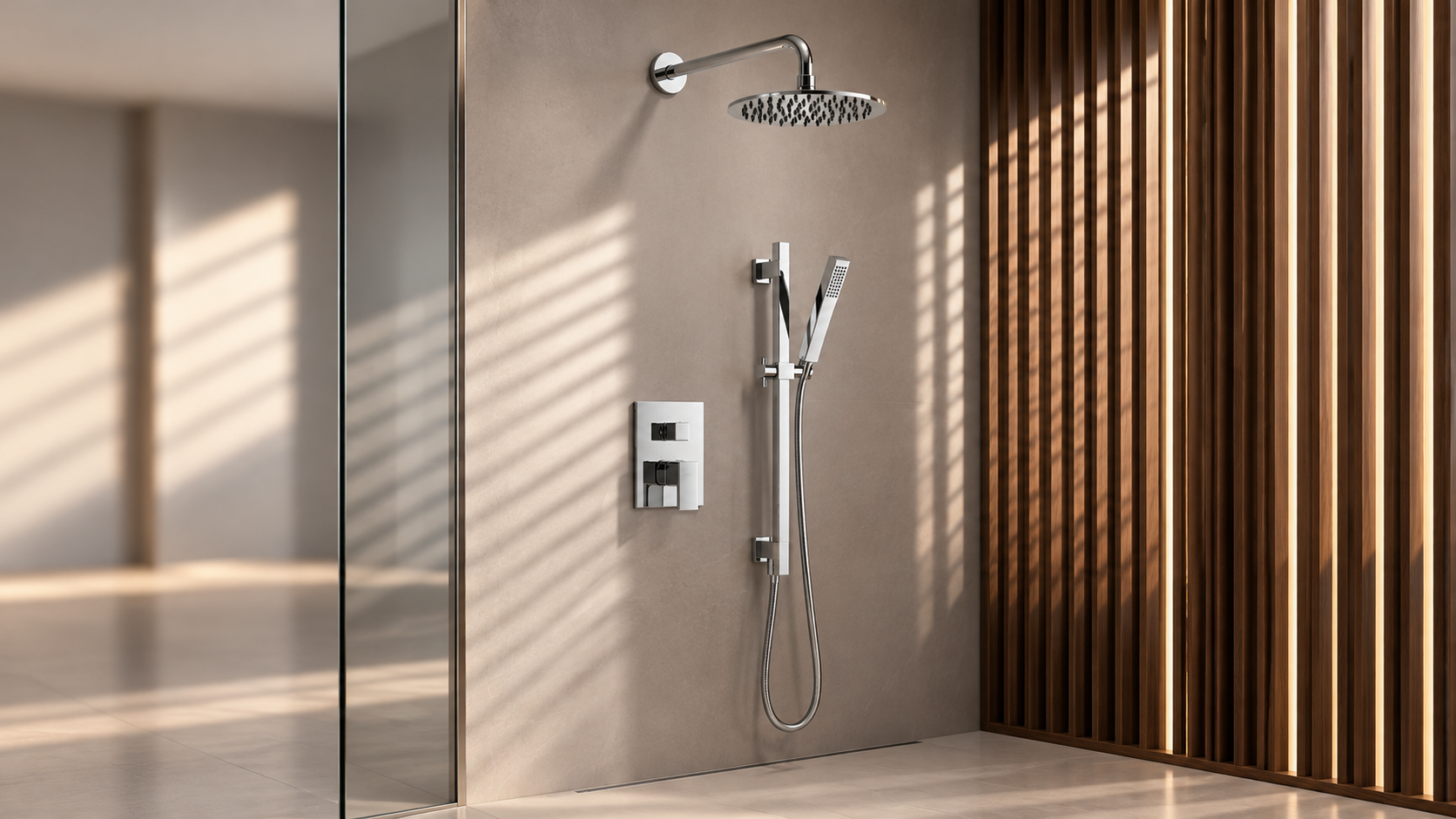 BathSelect Luna chrome round rainfall shower system with a square handheld shower wand
