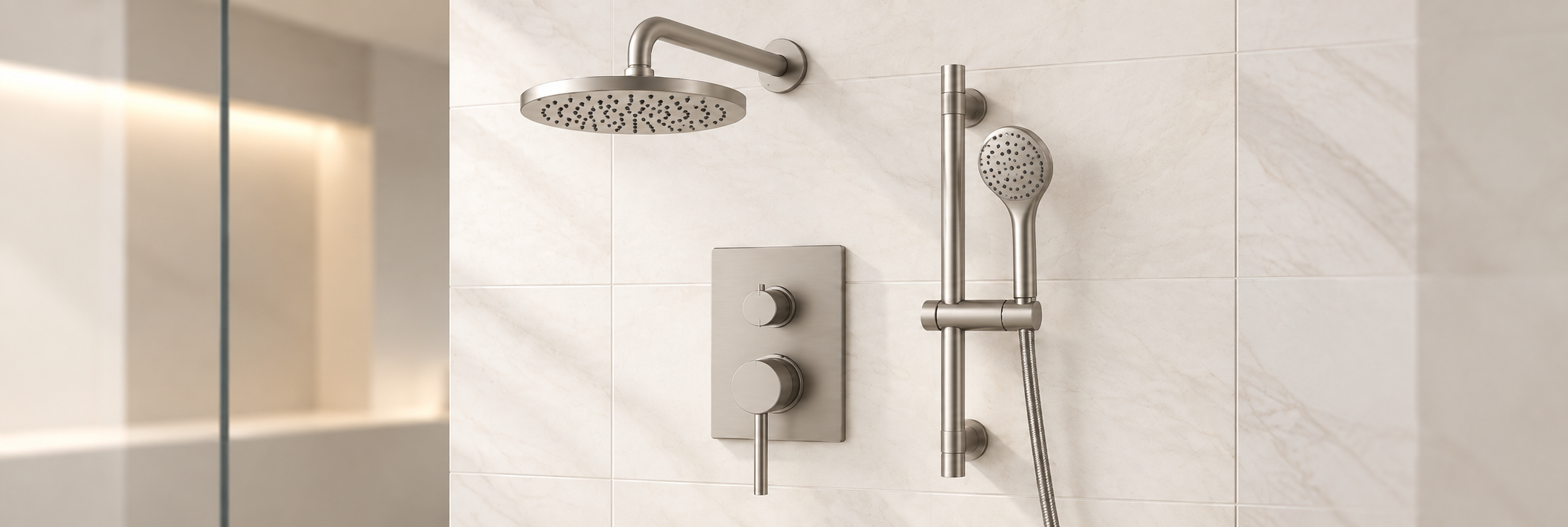 BRAVAT brushed nickel rainfall and handheld shower set with concealed thermostatic controls